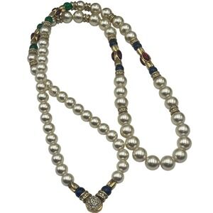 Echt Pyrm  Graduated Faux Pearl‎ European Costume Gem Colors Long Necklace